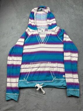 American Eagle Striped Hoodie Size S Teal Purple White V-Neck Pullover Y2K Boho